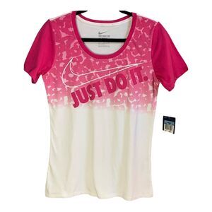 Nike Womens The Nike Tee T-shirt SZ MEDIUM Pink White Short Sleeve Athletic Wear